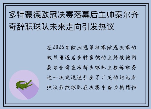 多特蒙德欧冠决赛落幕后主帅泰尔齐奇辞职球队未来走向引发热议