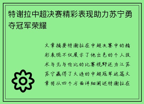 特谢拉中超决赛精彩表现助力苏宁勇夺冠军荣耀