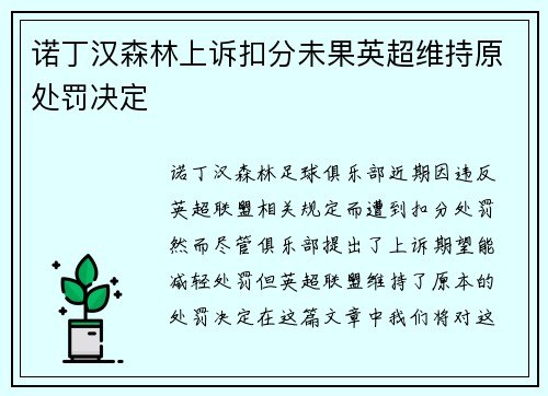 诺丁汉森林上诉扣分未果英超维持原处罚决定